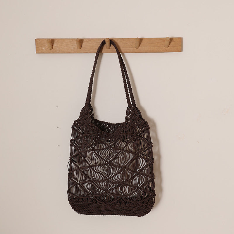 Large Capacity Rhombus Wax Rope Hollow Straw Beach Bag