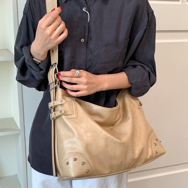 Slouchy Studded Hobo Bag with Buckle Details
