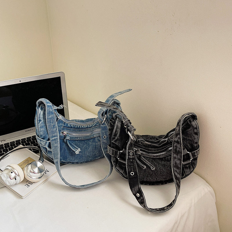 Cross-Border Denim Bag For Women 2025 New Korean Version Fashionable Shoulder Crossbody Bag Versatile Commuter Dumpling Bag Wholesale