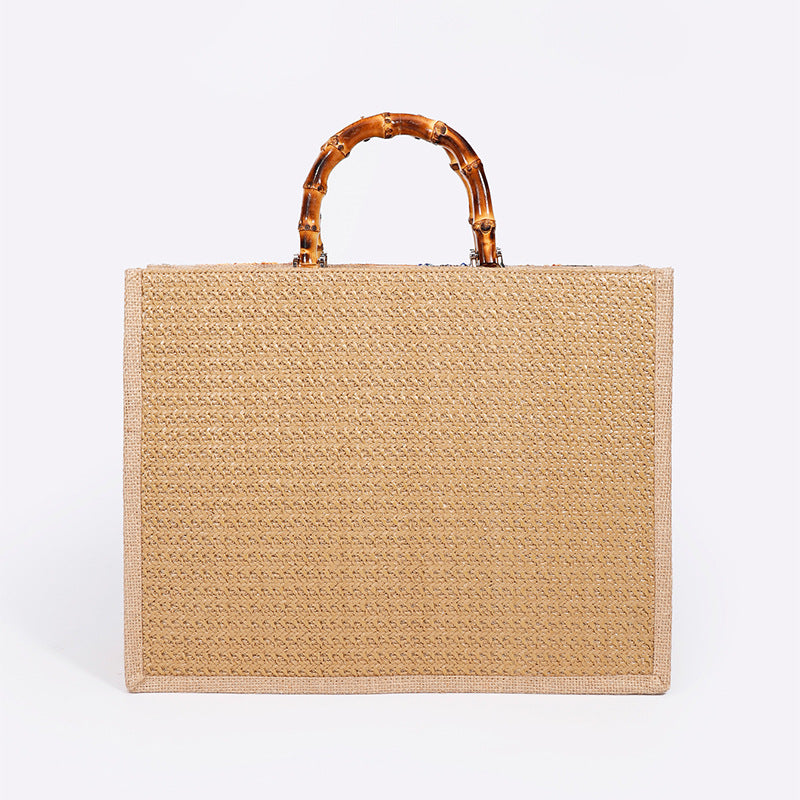 Women Bamboo Woven Straw Tote Bag, Sequin Large Capacity Handbag