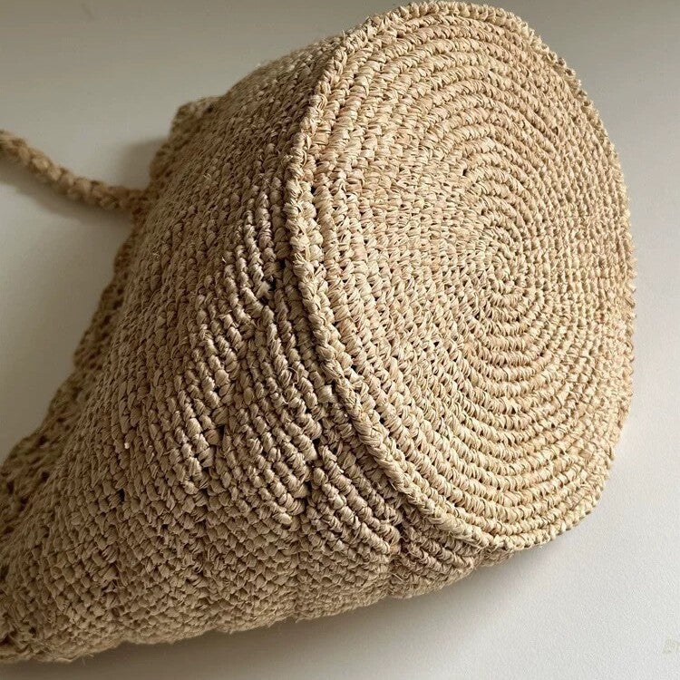 Handwoven Raffia Bucket Natural Straw Shoulder Beach Tote Bag