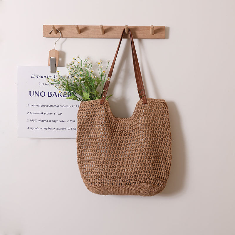 Women Casual Hollow Shoulder Cotton Woven New Lazy Handheld Beach Bag