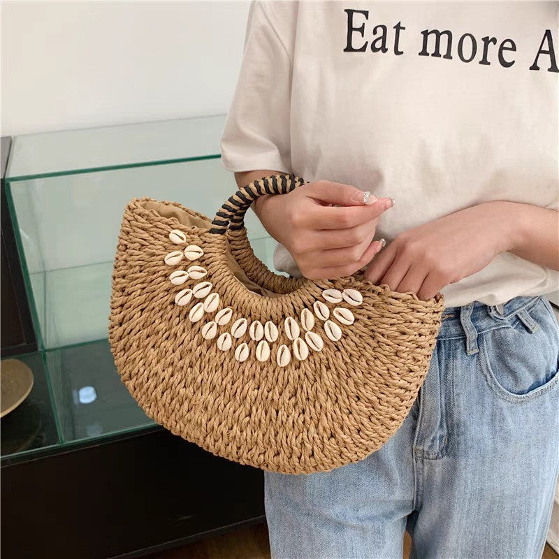 Semicircle Straw Woven Shell Beach Bag