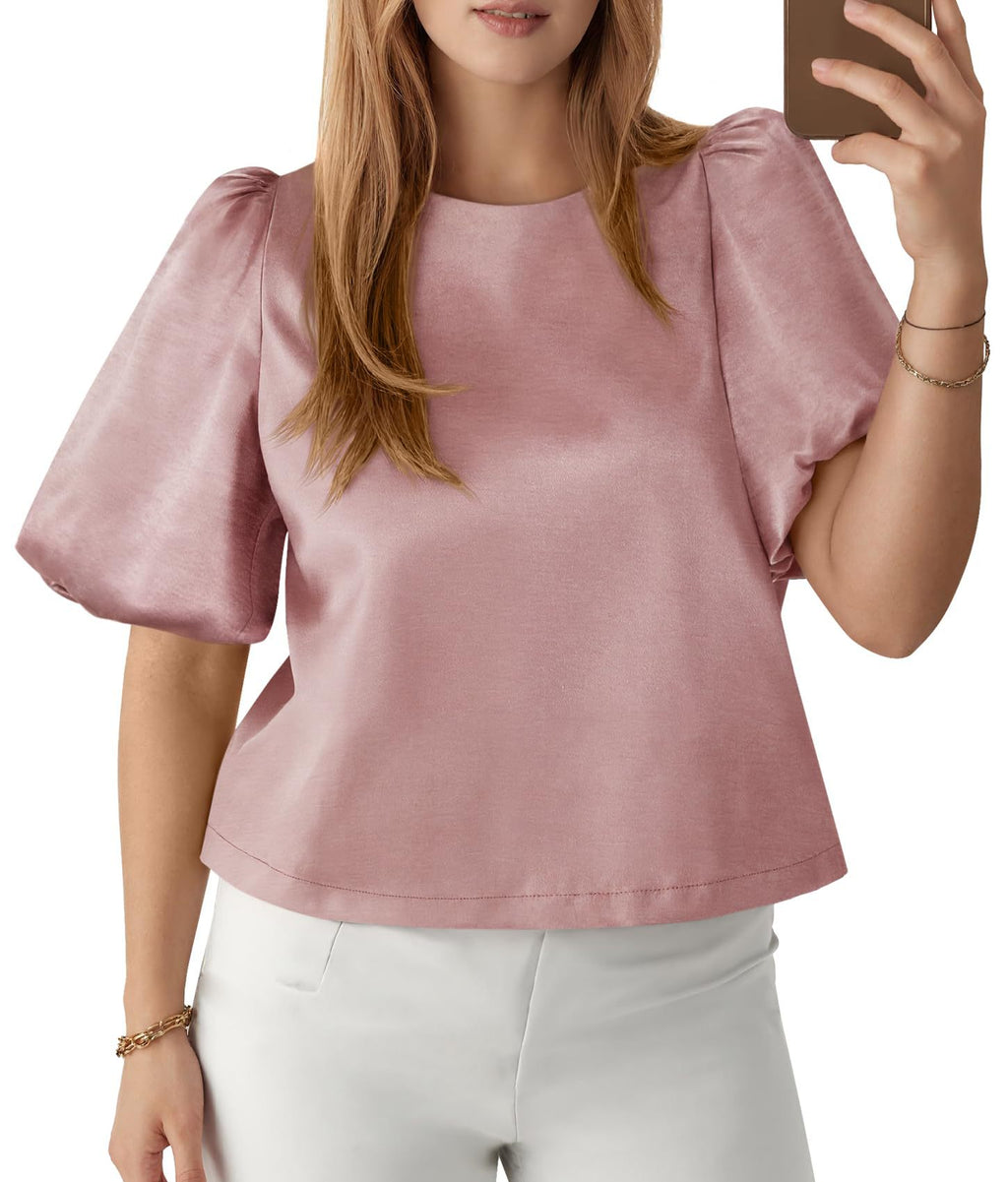 Elegant Women's Round Neck Satin Puff Sleeve Baby Doll Top