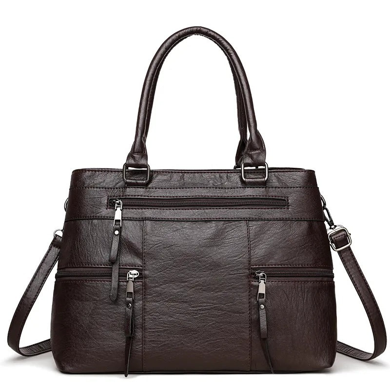Large Vegan Leather Multi-Pocket Top Handle Satchel Bag