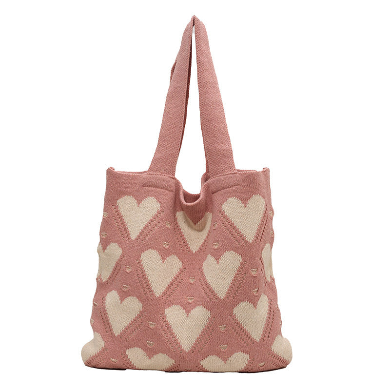 Heart Pattern Crochet Knit Shoulder Tote Bag