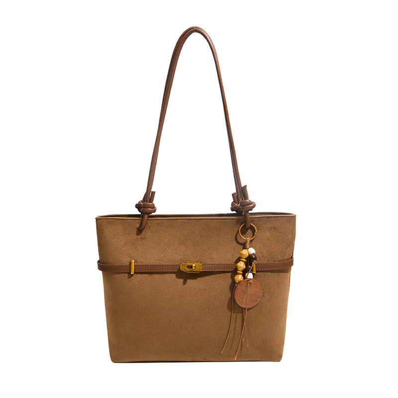 Suede Structured Buckle Detail Handbag with Long Shoulder Strap
