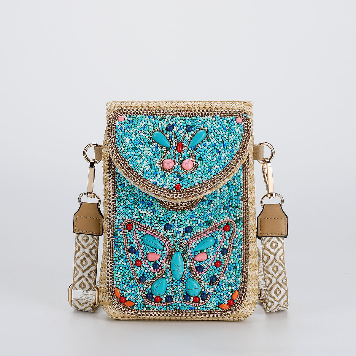 Women Luxury Straw Crossbody Bag, Fashion Beaded Woven Phone Shoulder Bag