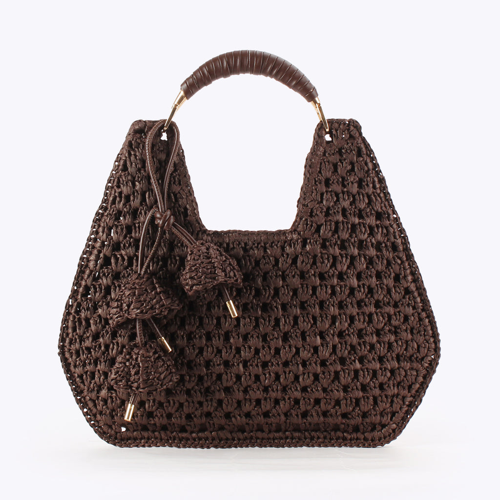 Boho Woven Paper To pHandle Crochet Handbag with Tassel Charm