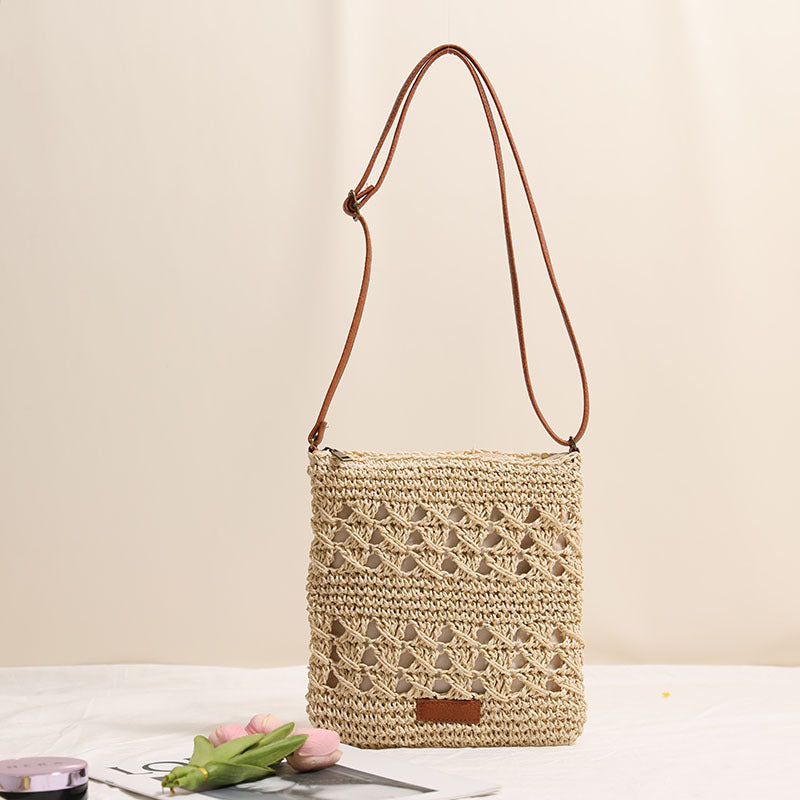 Hollow Crossbody Straw Vertical Woven Beach Bag