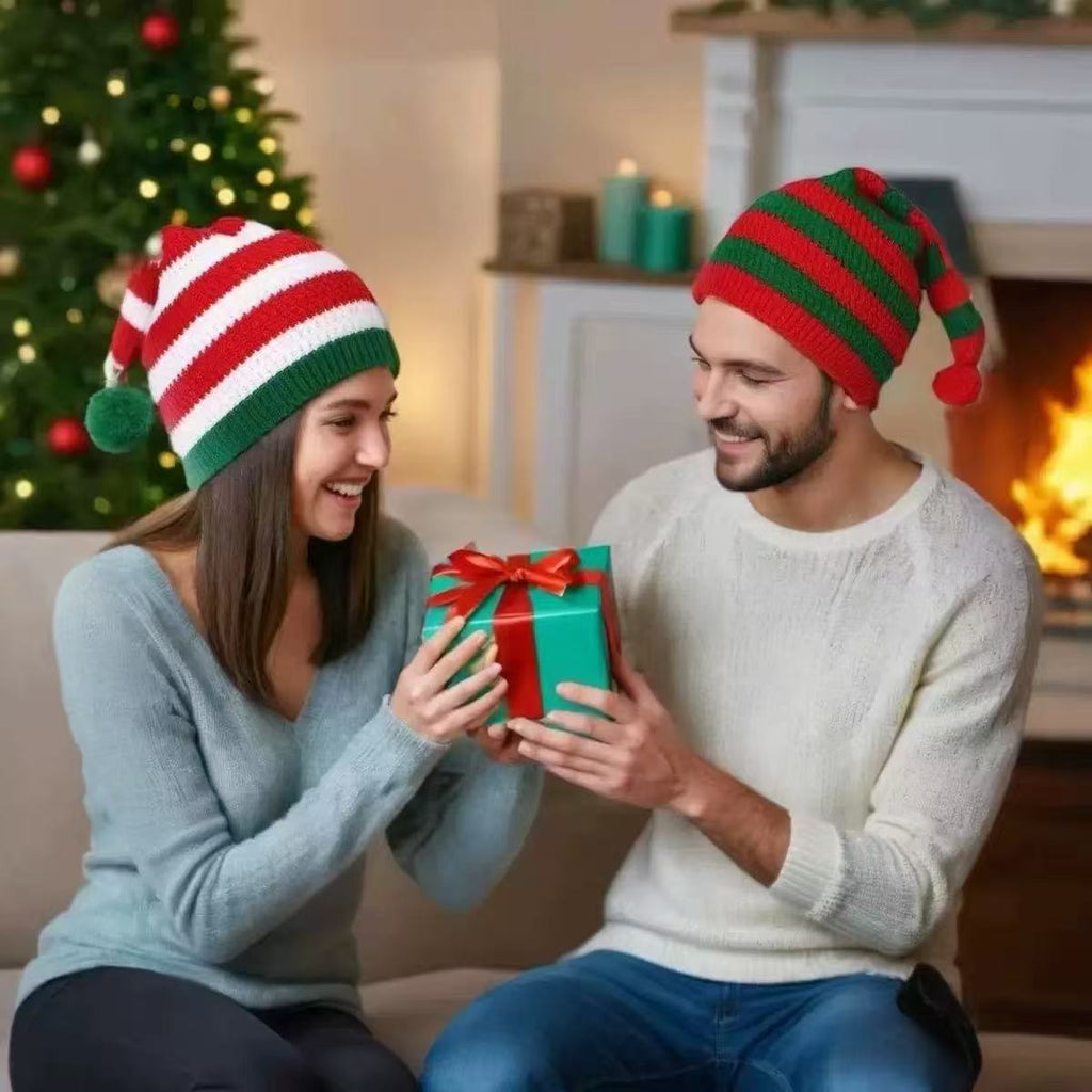 Christmas Cable Knit Stockings and Striped Pom Pom Hats