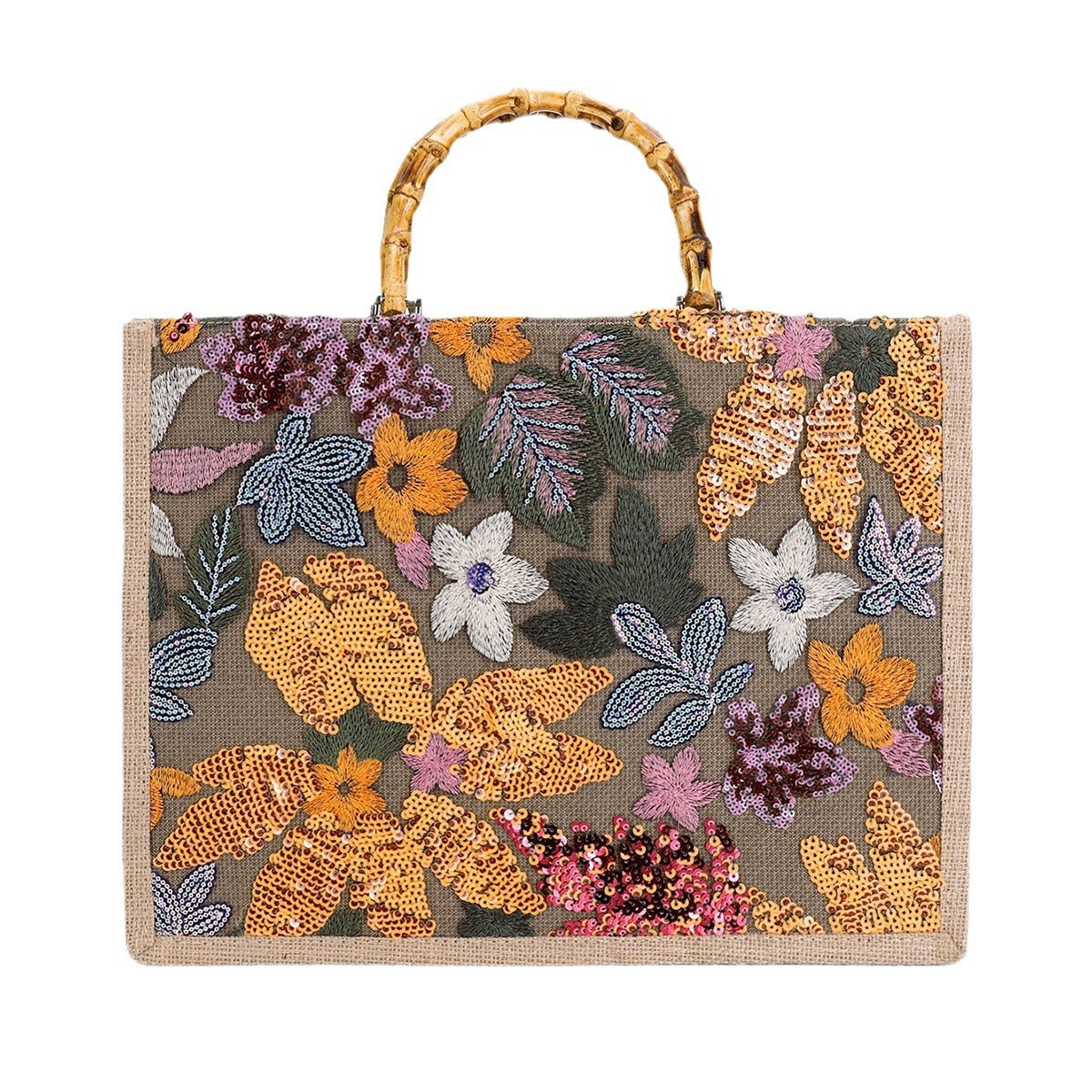 Women Bamboo Woven Straw Tote Bag, Sequin Large Capacity Handbag