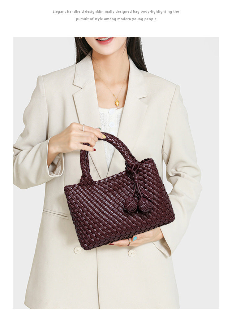Structured Woven Soft PU Leather Handle Tote Bag