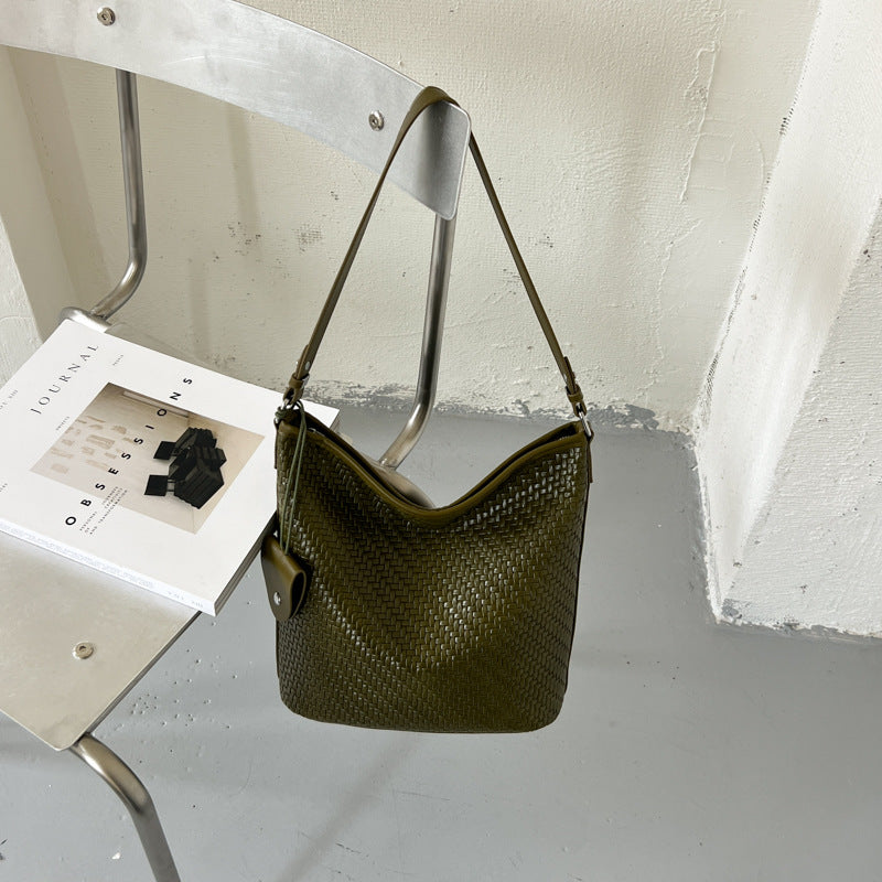 Vintage Woven Shoulder Bag with Functional Pouch Detail