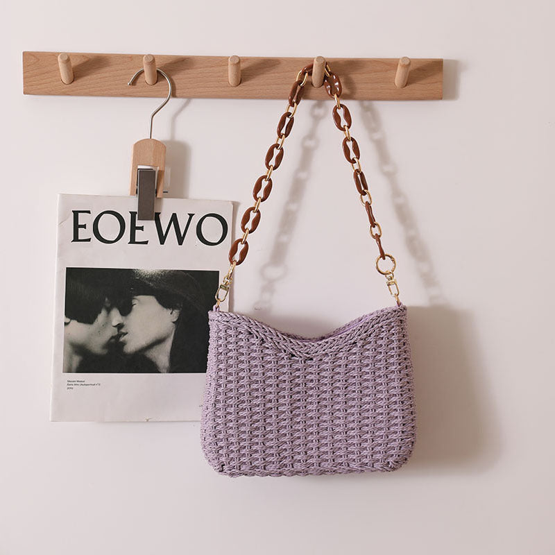 Women Purple Straw Woven Shoulder Solid Beach Tote Bag