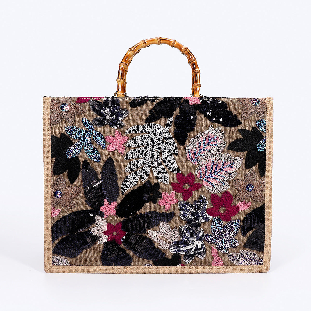 Women Bamboo Woven Straw Tote Bag, Sequin Large Capacity Handbag