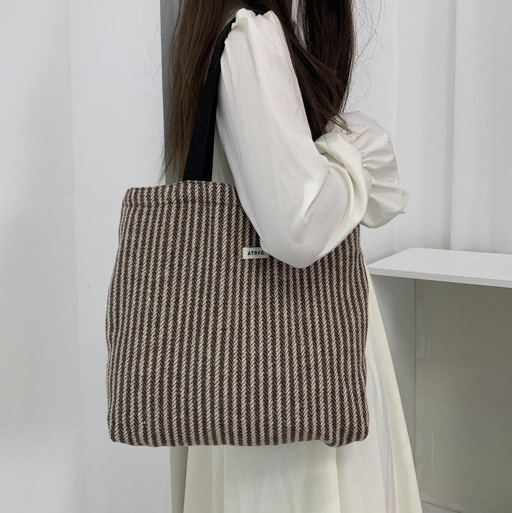 2026 Women Color Block Striped Canvas Tote Bag