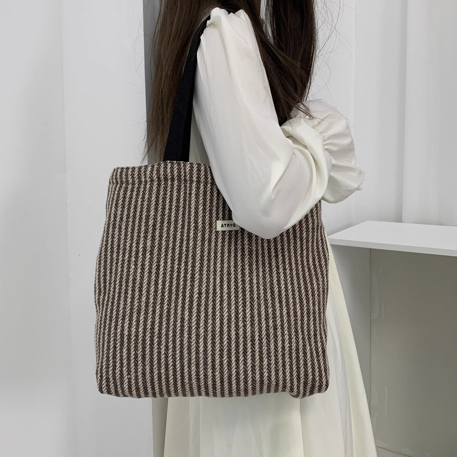 2026 Women Color Block Striped Canvas Tote Bag
