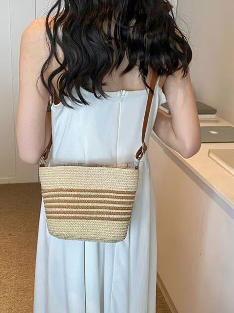 Women Striped Straw New Fresh Minimalist Woven Vacation Beach Bag