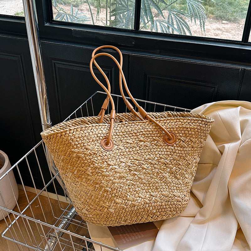Colorful Large Straw Minimalist Handheld Natural Hollow Woven Beach Bag