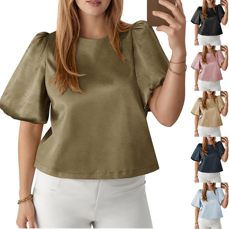 Elegant Women's Round Neck Satin Puff Sleeve Baby Doll Top