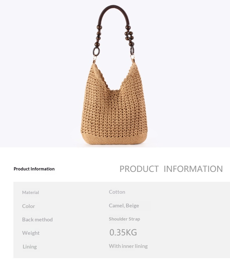 Hand Crocheted Cotton Hobo Shoulder Bag with Beaded Handle