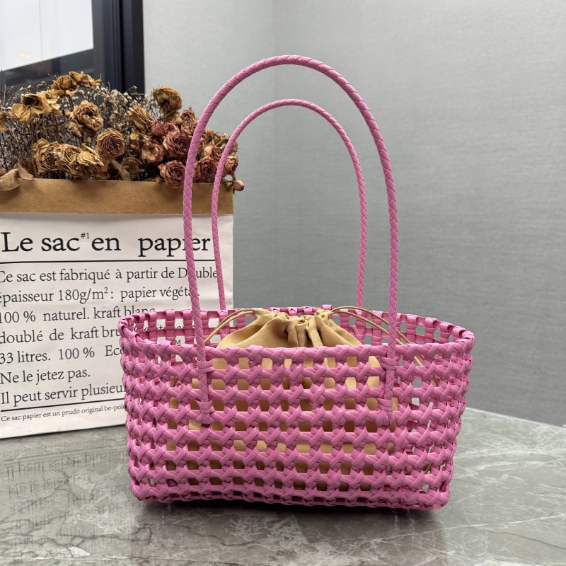 Candy Color Hollow Woven One-Shoulder Beach Bag