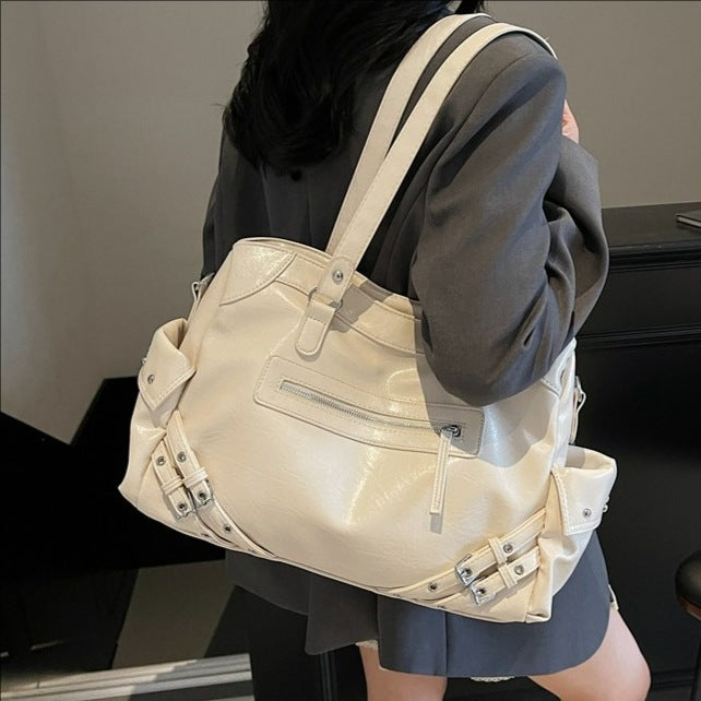 Retro Glossy Faux Leather Tote Bag with Multiple Pockets