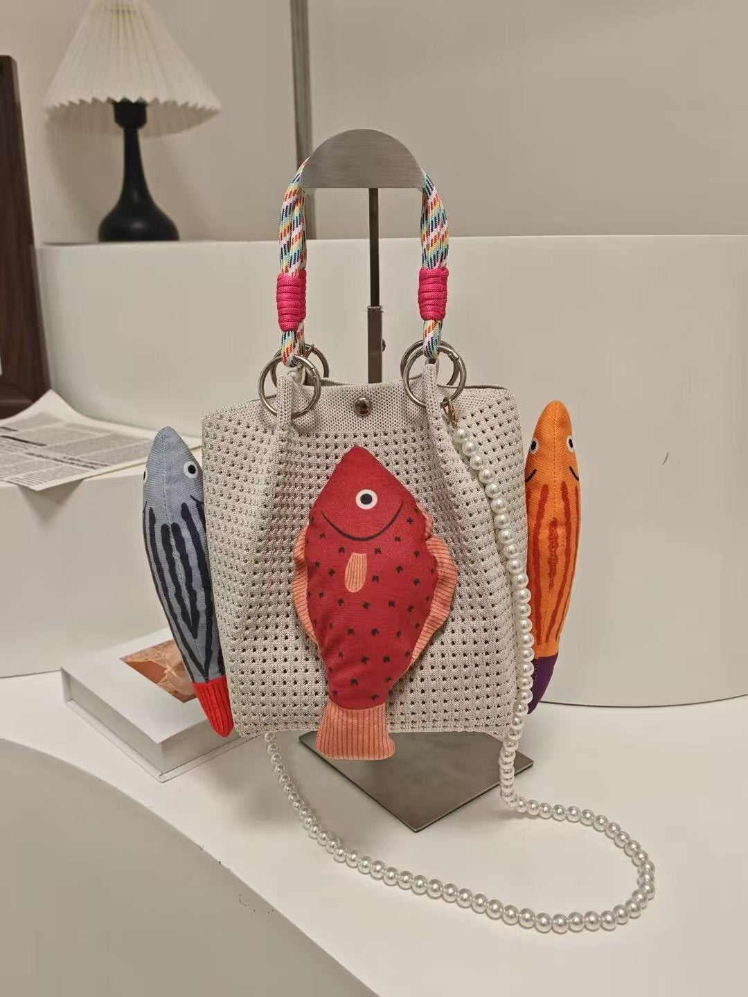 Crochet Fish Applique Pearl Strap Tote Bag