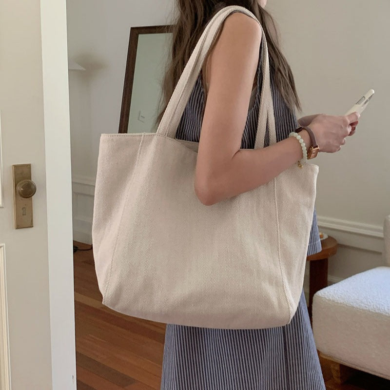 Large Canvas Herringbone Shoulder Tote Bag