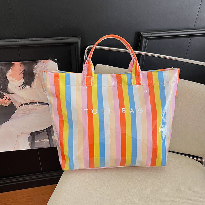Vertical Stripe Rainbow PVC Tote Bag