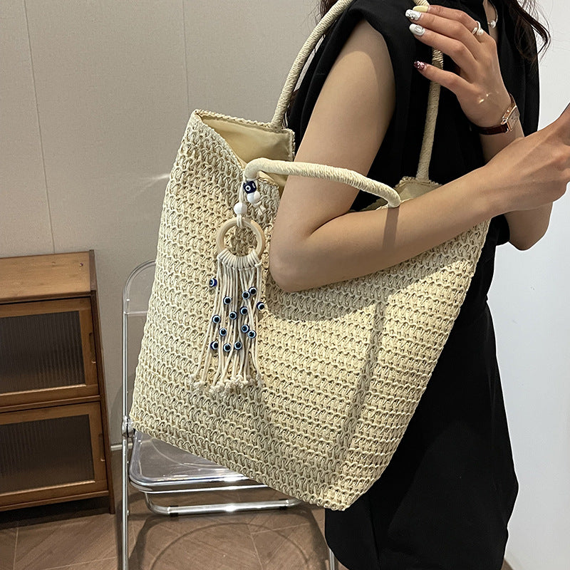 Woven Large Tote with Boho Tassel Charm