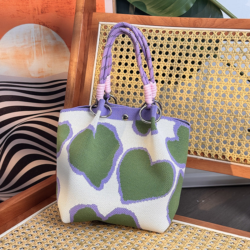 Floral Print Braided Handle Knit Bucket Bag