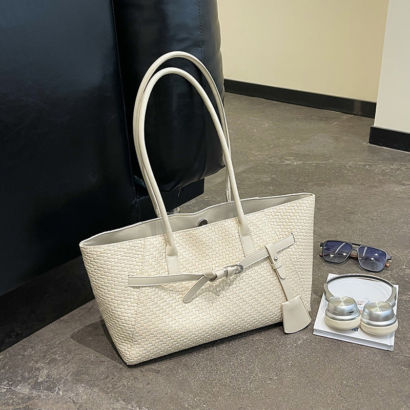 Textured Woven East-West Tote Bag with Belt Buckle Detail