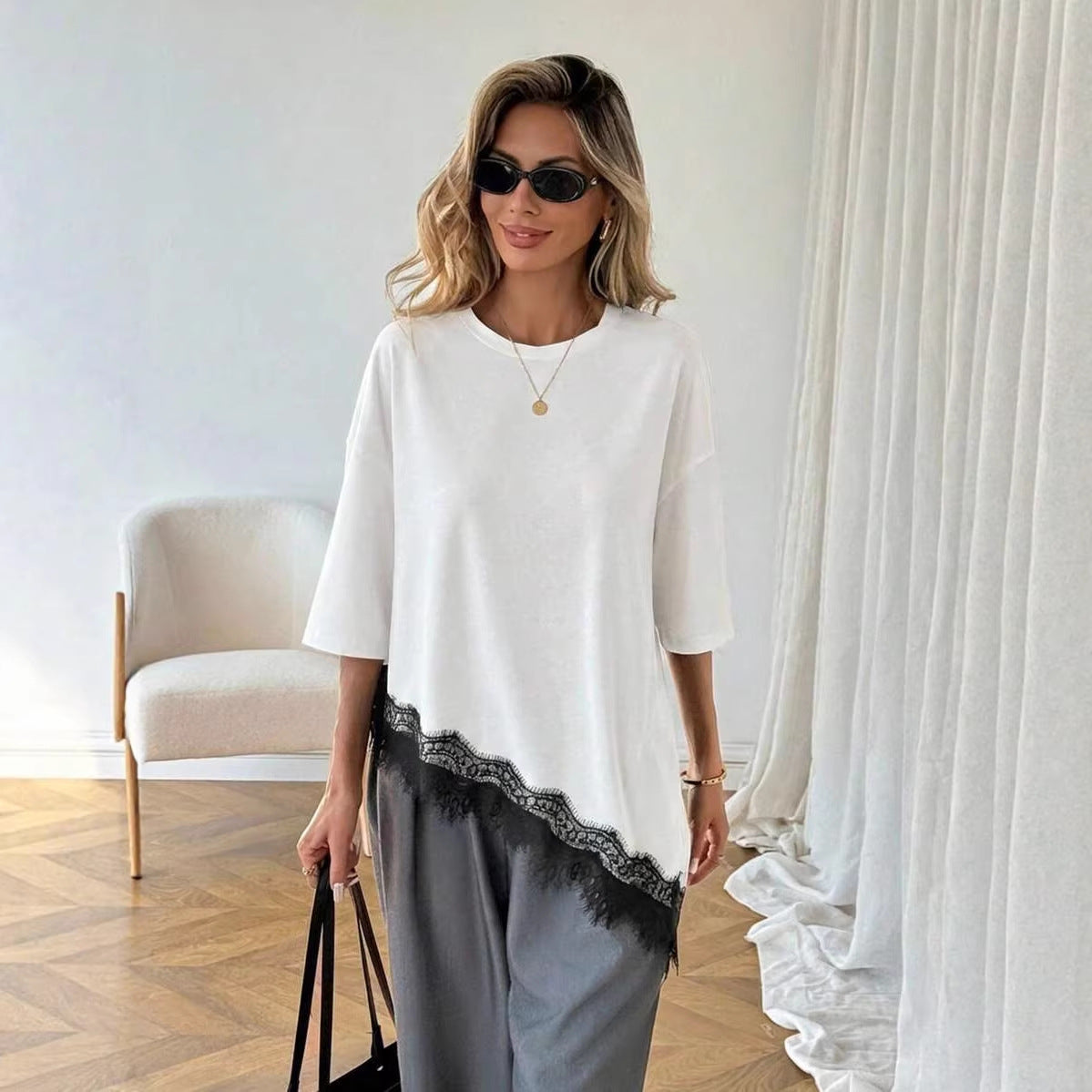 Women Leopard Print Stitching Lace Loose Short-Sleeve T-Shirt