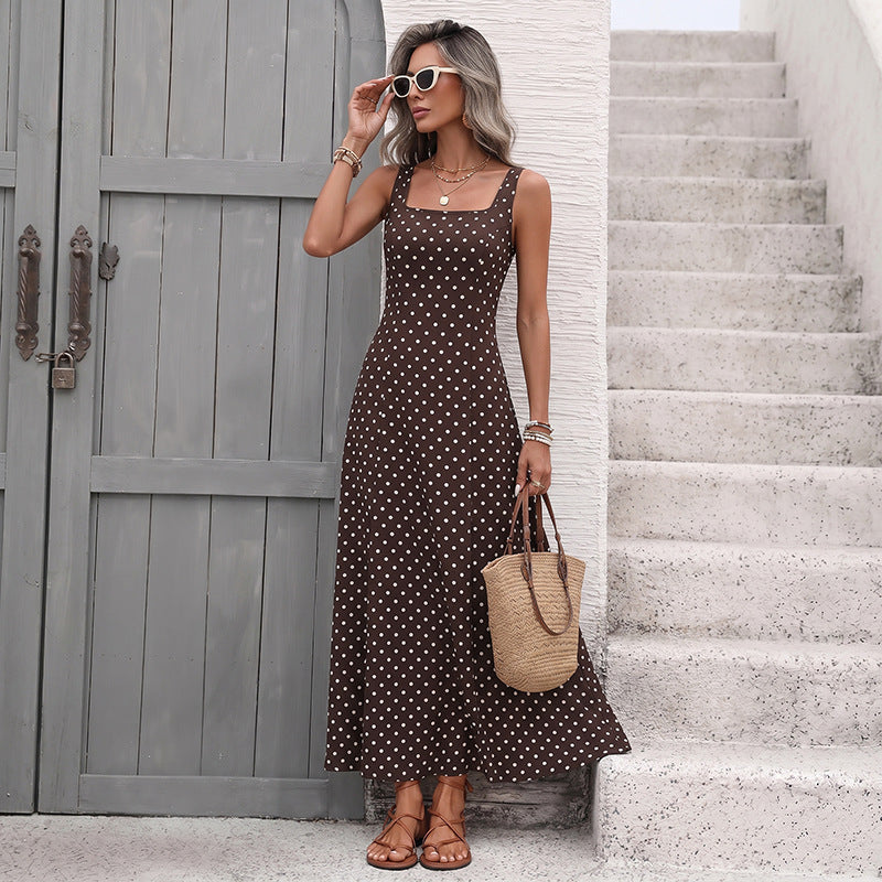 2026 Summer New Vintage Polka Dot Square Neck Waist Cinch Maxi Dress