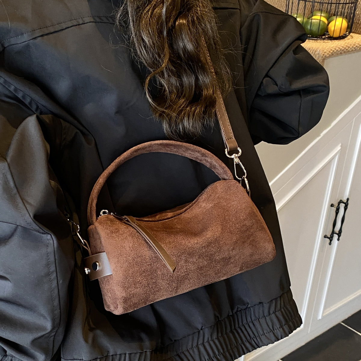 Vintage Faux Suede Mini Boston Handbag with Detachable Strap