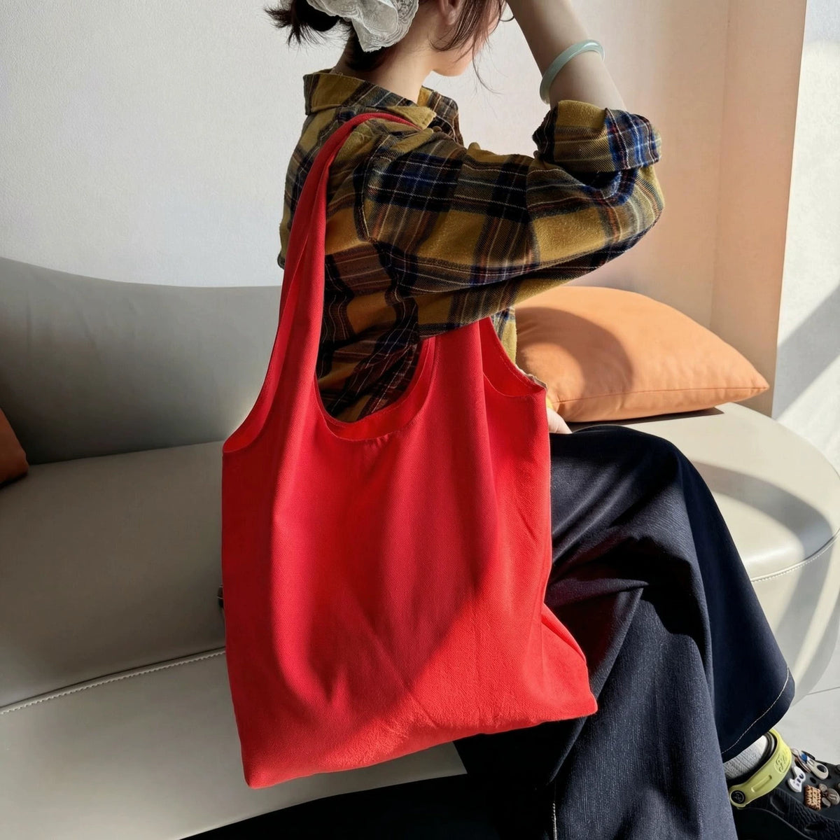 Solid Color Canvas Wide Strap Tote Bag