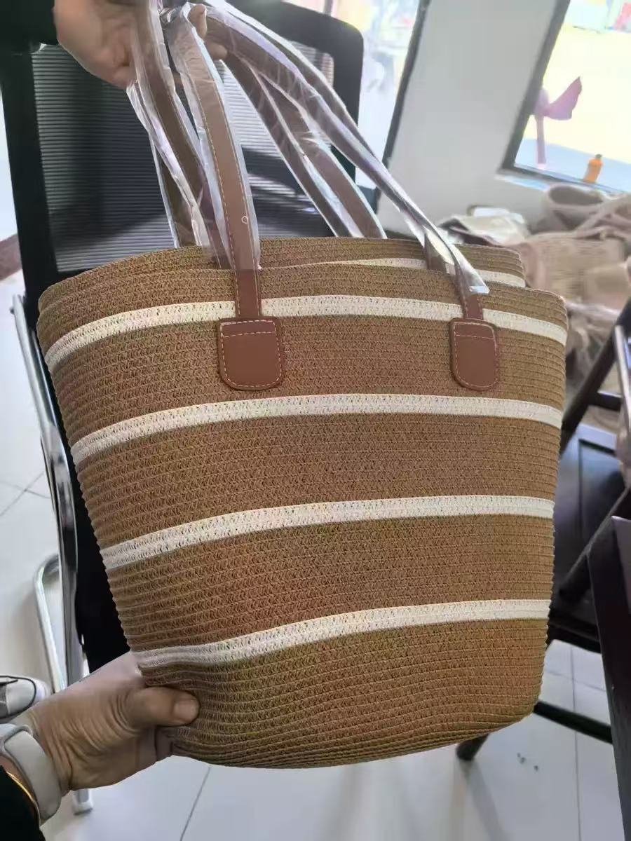 Women Straw Beach Black Stripe 2026 New Casual Summer Shoulder Tote Bag