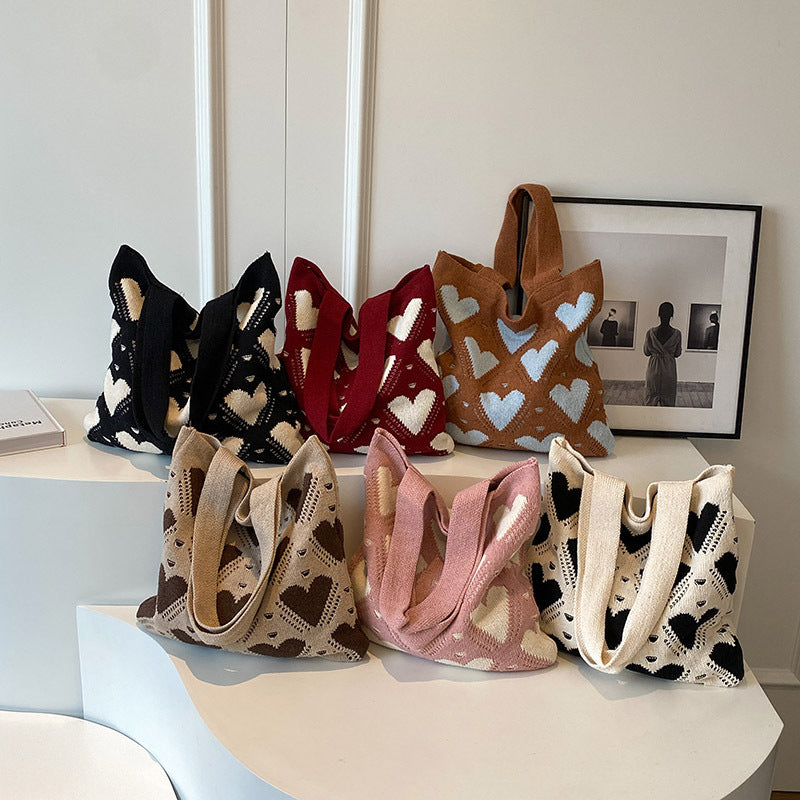 Heart Pattern Crochet Knit Shoulder Tote Bag