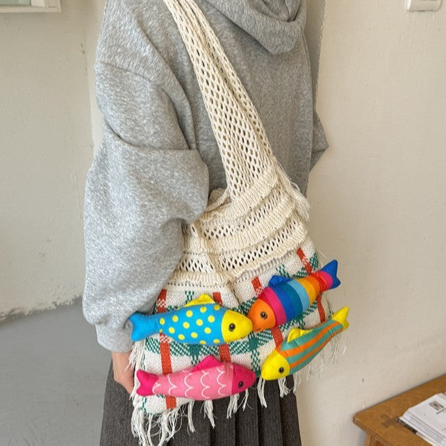 Cozy Crochet Fish Applique Fringe Tassels Shoulder Bag
