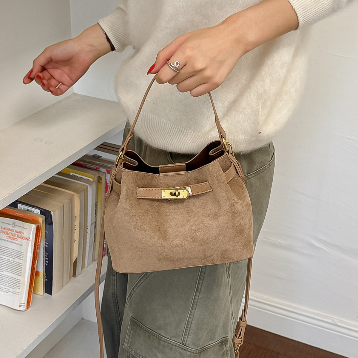 Suede Look Mini Bucket Bag with Metal Lock Detail and Adjustable Strap