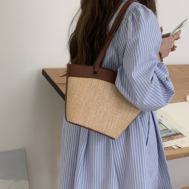 French Retro Straw Vegetable Basket Shoulder Woven Beach Bag