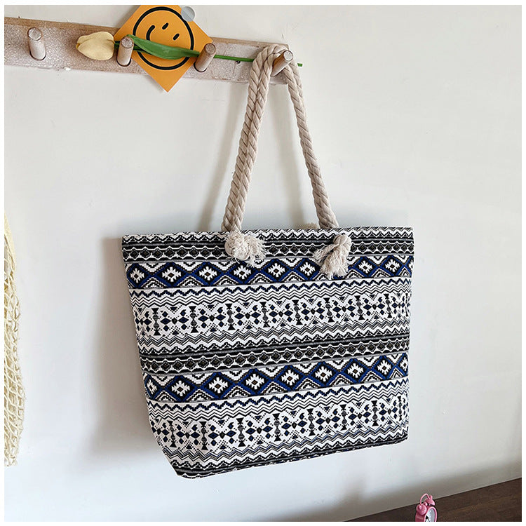 High-End Ethnic Canvas Hemp Rope Armpit Tote