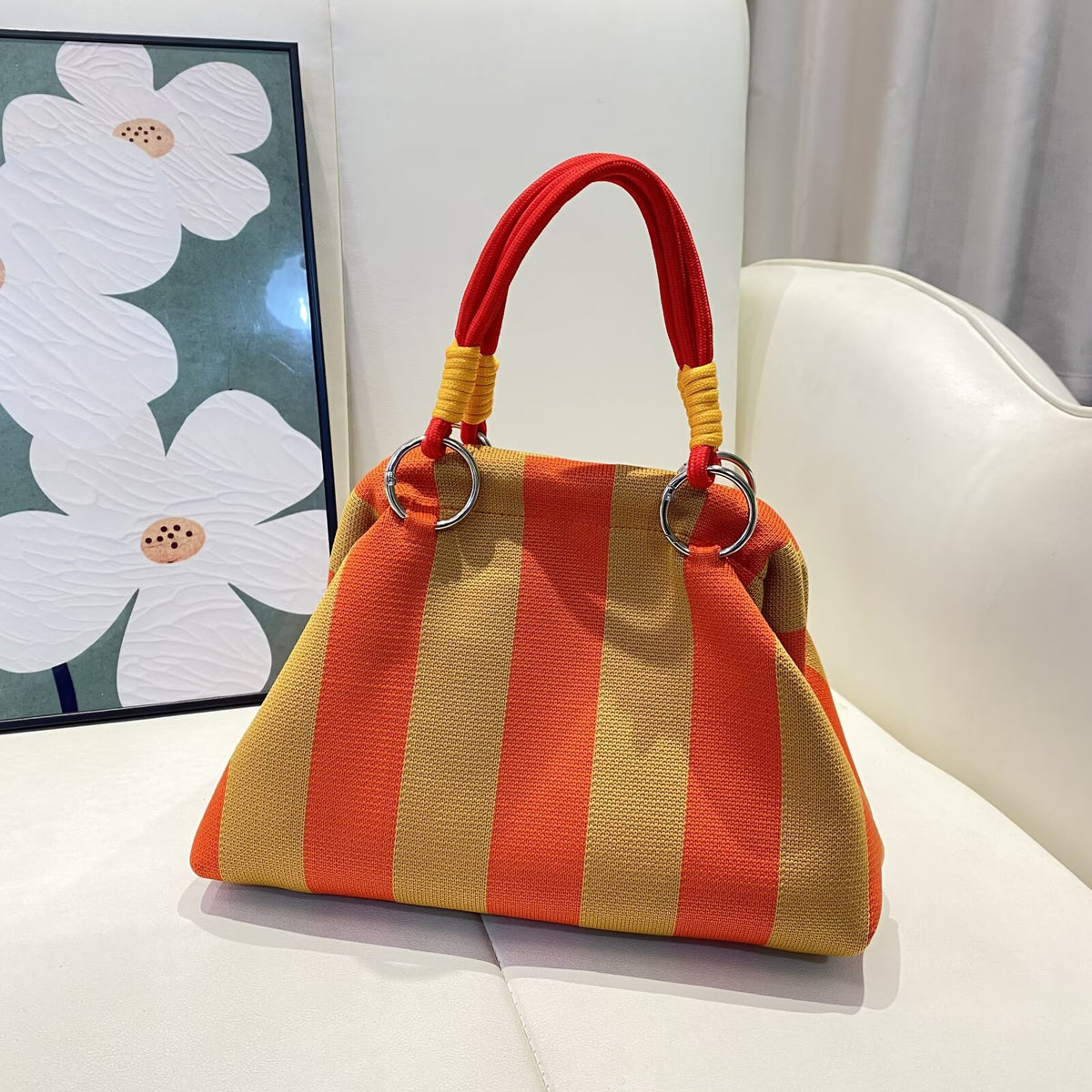 Geometric Woven Rope Handle Dumpling Top Handle Bag