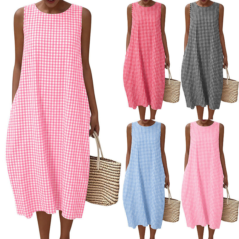 Women Pocket Loose Sleeveless Plaid Dress