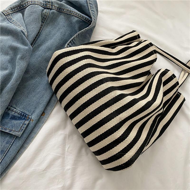 Single Shoulder Striped Canvas Large Bag