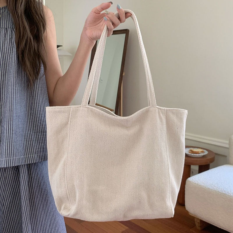 Large Canvas Herringbone Shoulder Tote Bag
