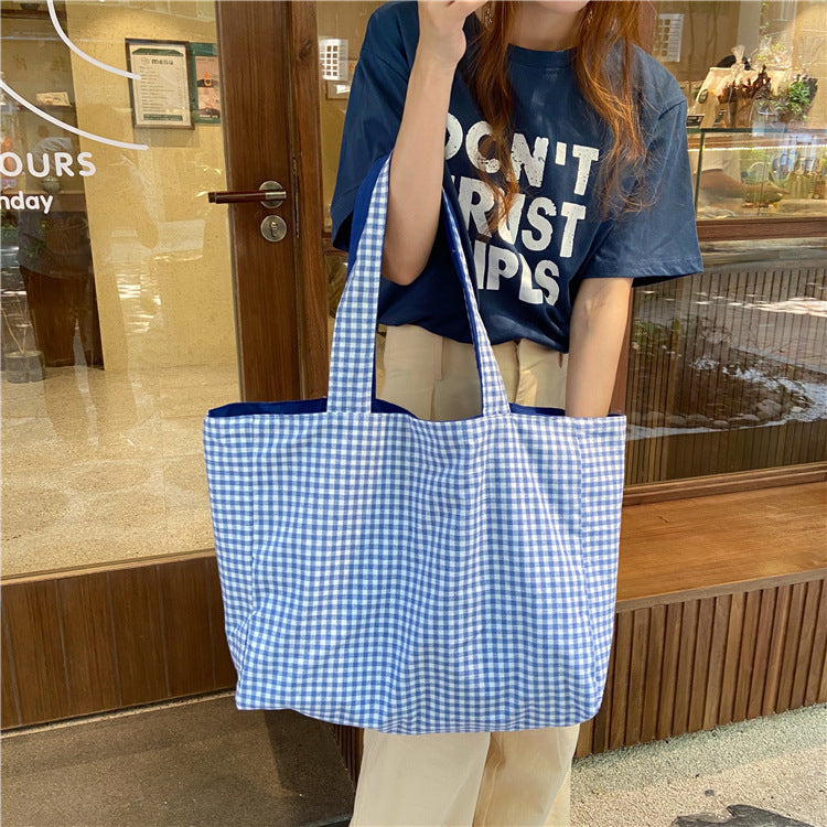 08253 Japanese And Korean Simple And Fresh Plaid Double-Sided Shoulder Bag Student Female Casual Large Capacity Dual-Use Cloth Bag