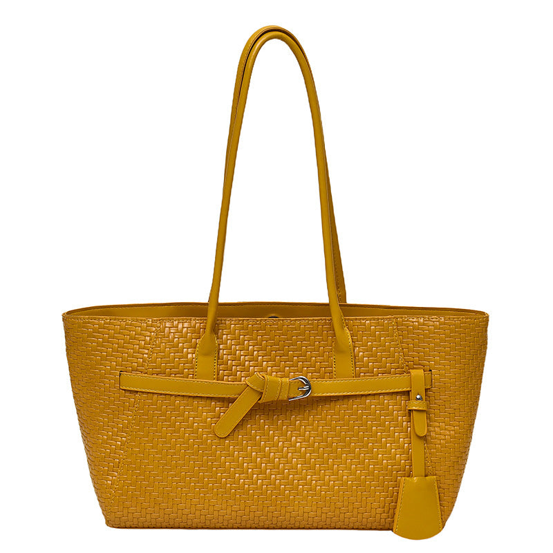 Textured Woven East-West Tote Bag with Belt Buckle Detail